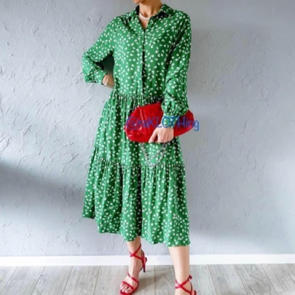 H&M Boho Green/White Floral Tired Dress S